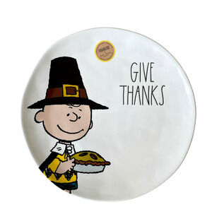 Rae Dunn Thanksgiving Plate 11in Ceramic Charlie Brown Pilgrim GIVE THANKS New